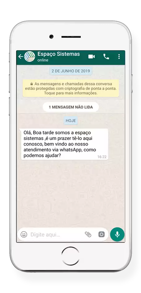 Imagem iphone exibindo o whatsapp da Espaço Sistemas